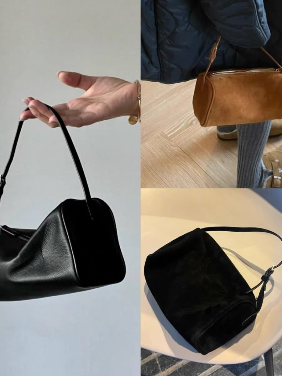 麂皮绒笔筒包磨砂牛皮腋下包笔袋包小众手提包圆筒包迷你斜挎小包