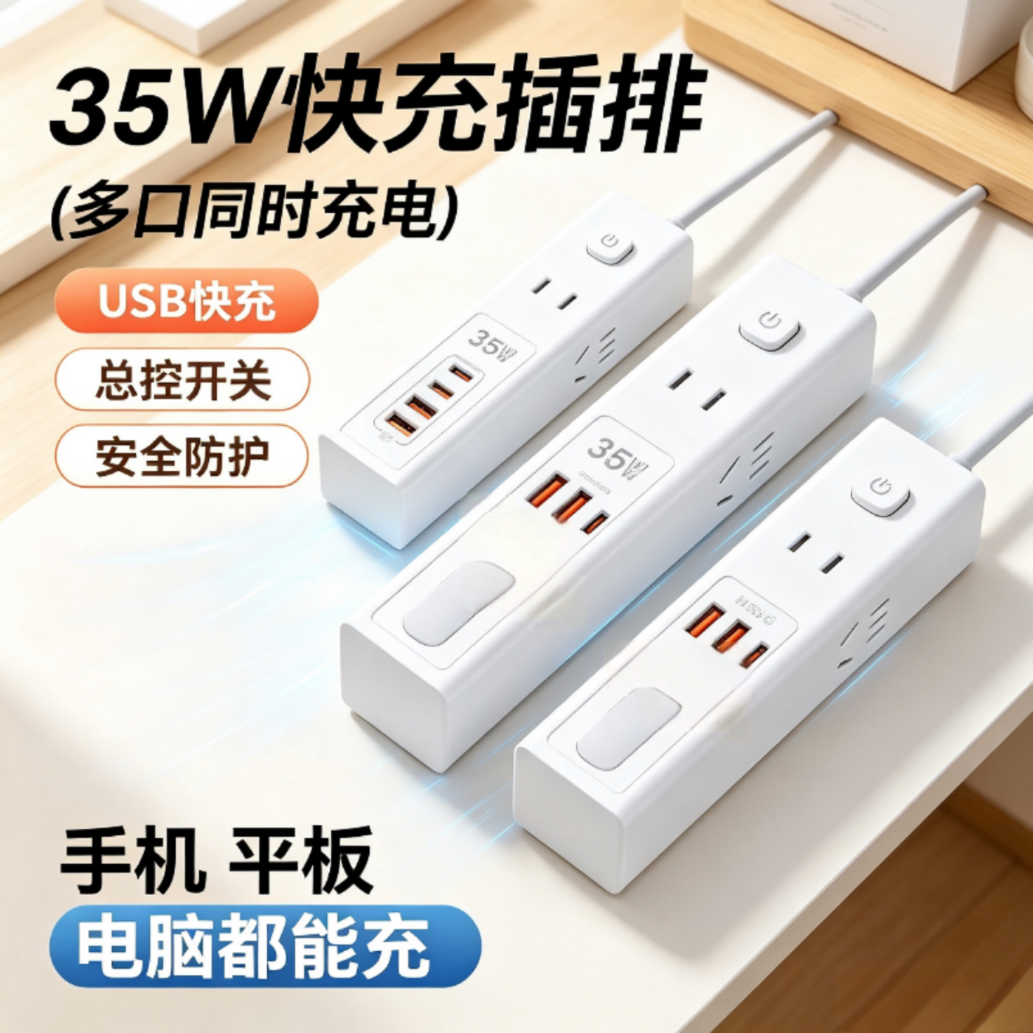 快充插座35W带USB电竞专用插排大功率家用充电排插多功能充电头