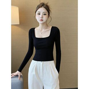 韩版新款体恤方领长袖T恤女装秋冬季高腰打底衫内搭低领上衣女士