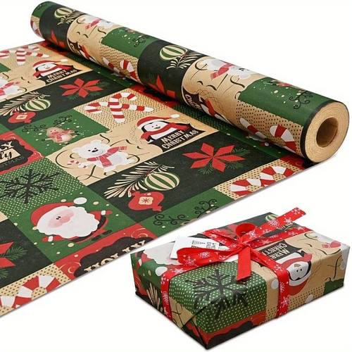 Christmas Wrapping Paper Roll - Festive Kraft Paper with Sno