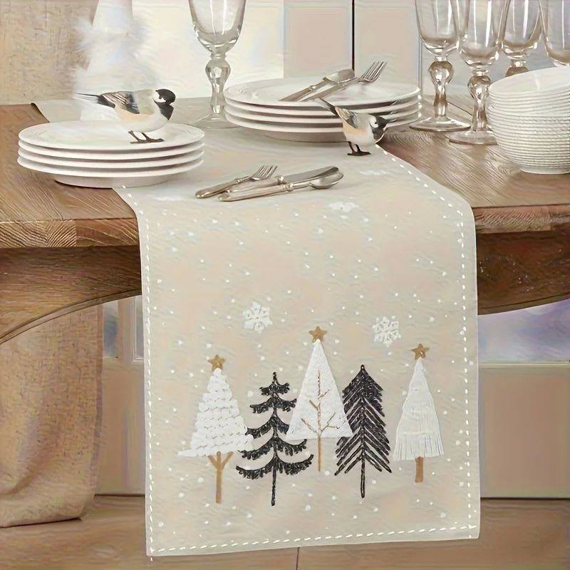 Christmas Table Runner - Beige and brown winter scene with p