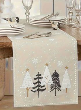 Christmas Table Runner - Beige and brown winter scene with p