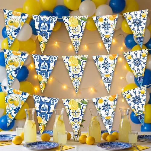 Lemon Blue Tile Bunting Banner Mediterranean Style Triangle