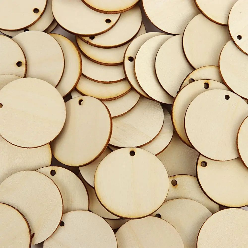 50pcs Round Wooden Discs With Holes Unfinished Predrilled Na