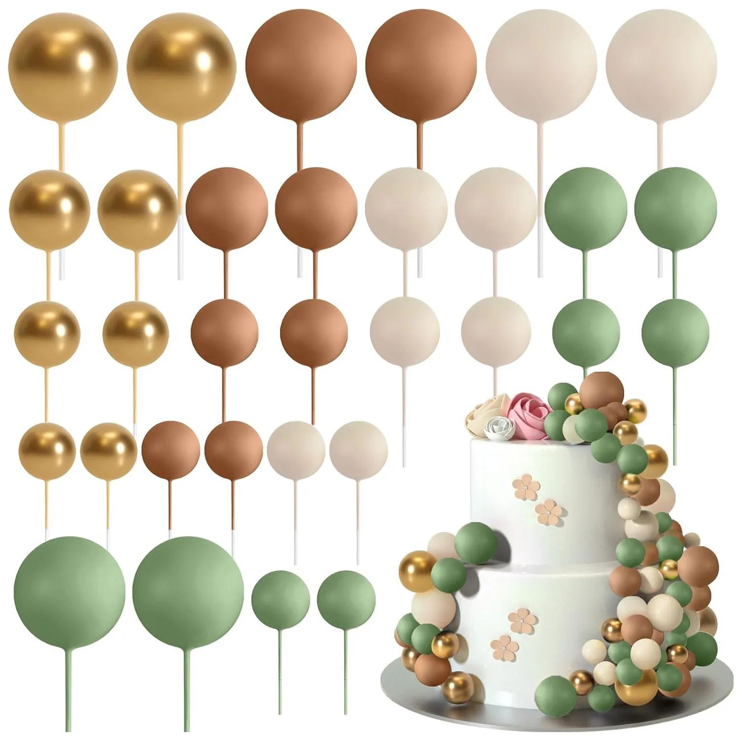 32pcs Sage Green Brown Cake Topper Gold Foam Balls DIY Inser