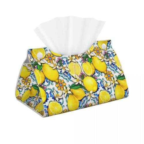 Mediterranean Lemons Tiles Tissue Box Cover PU Leather Recta