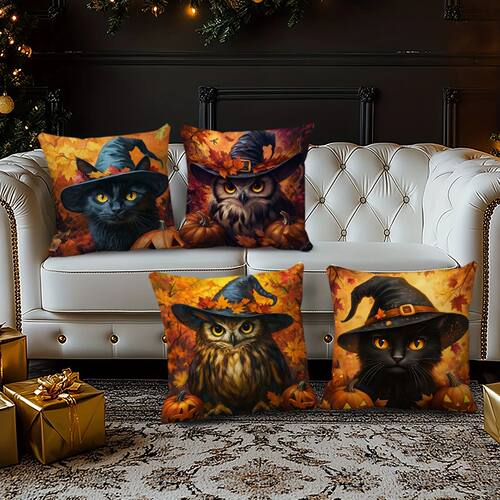Halloween Witch Hat-Printed Cat and  Pillowcases: Spooky Aut
