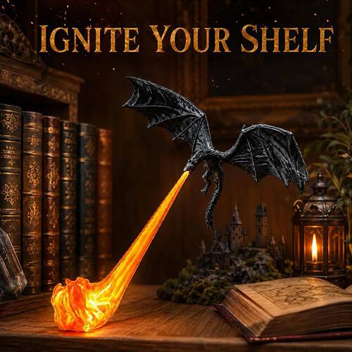 3D Printed Fire-Breathing Dragon Bookshelf Lamp Fantasy Drag