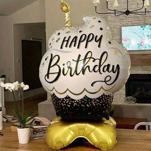 1pc Large Standing Gold and Black Cake Aluminum Foil Balloon