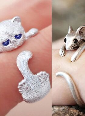 Cute Cat and Mouse Shape Open Ring for Women Antique Silver