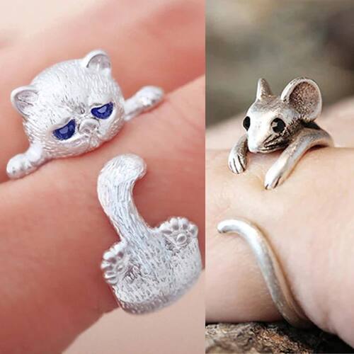 Cute Cat and Mouse Shape Open Ring for Women Antique Silver