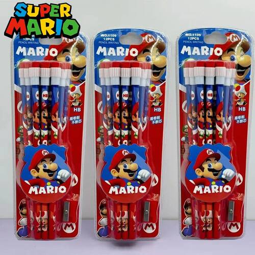 12pc Anime Super Mario Cartoon Pencil with A Pencil Sharpene