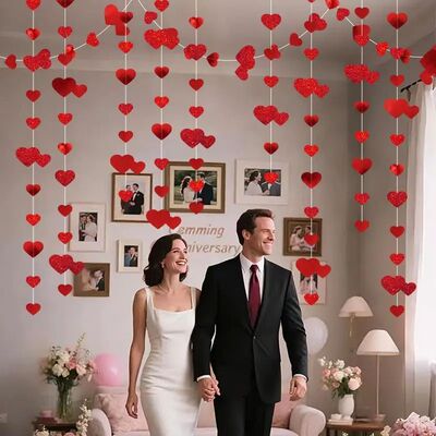1PC 4M Wedding Red Heart Garland,  Love Streamer Glitter Pap