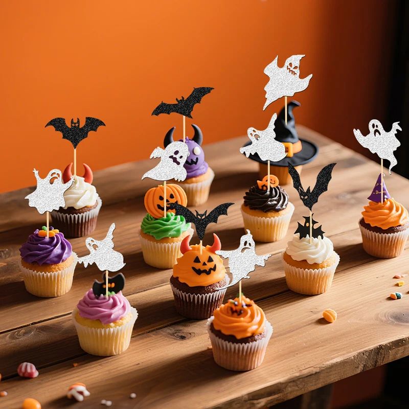 24Pcs Halloween Cake Toppers Glitter Ghost and Bat Cupcake T