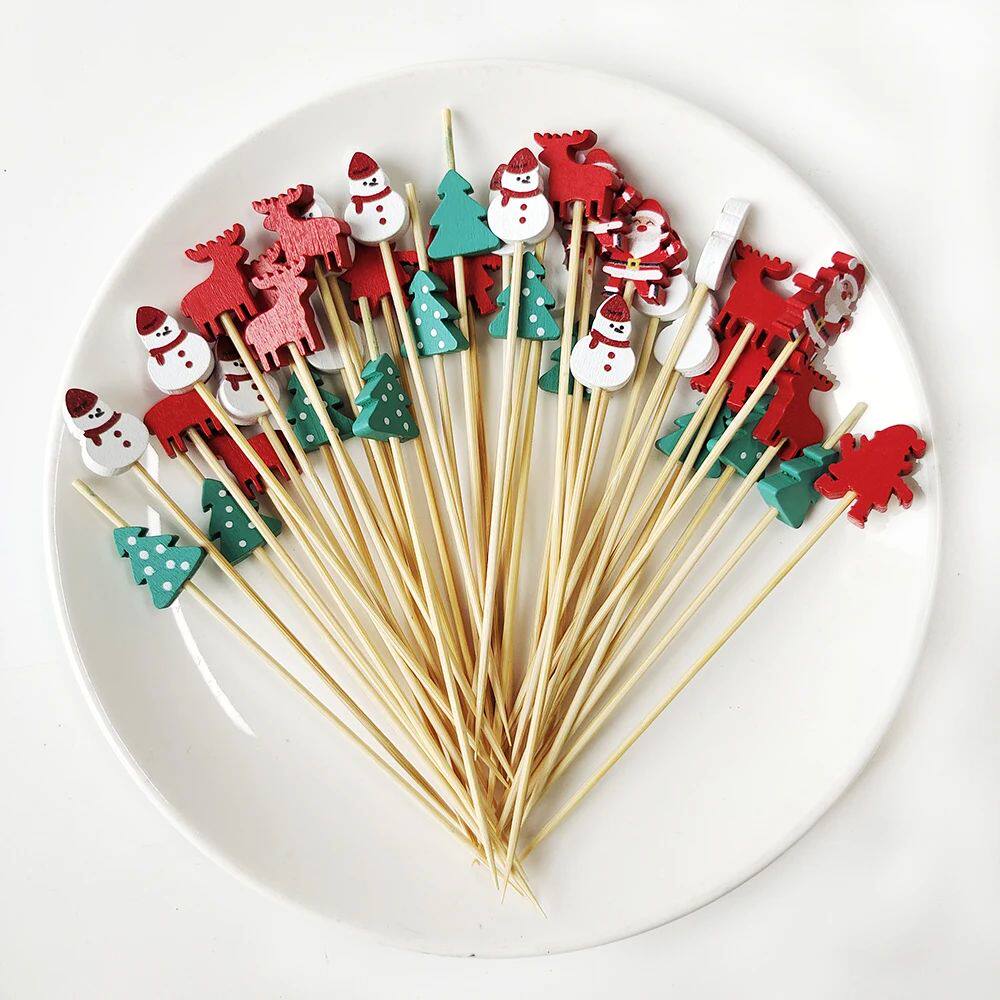 100Pcs Christmas Disposable Bamboo Skewers Santa Claus Snowm