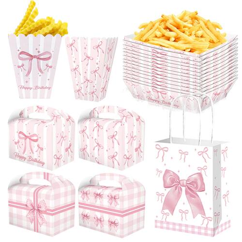 6pcs Pink Bow Theme Popcorn Box Ship Shaped Food Tray Candy