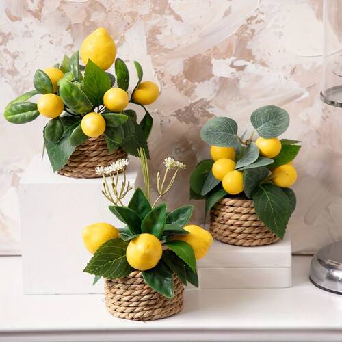 1pc Vibrant Yellow Lemon Artificial Plant Set in Woven Baske