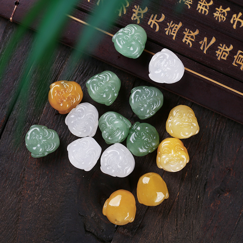 天然东陵玉老黄玉佛头饰品配件玉石笑脸佛通天孔diy手串手链材料