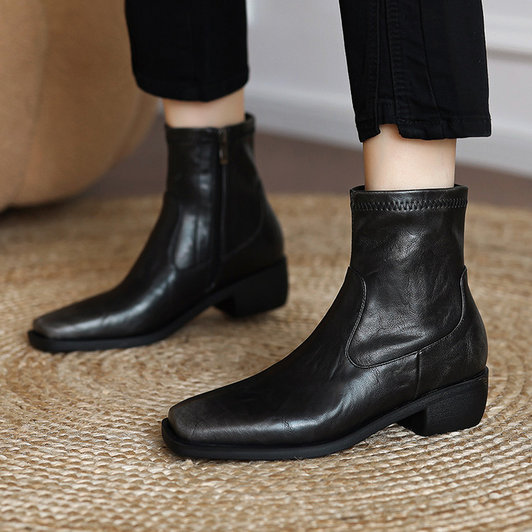 松糕底TPR(牛筋）冬季头层猪皮短筒时装靴