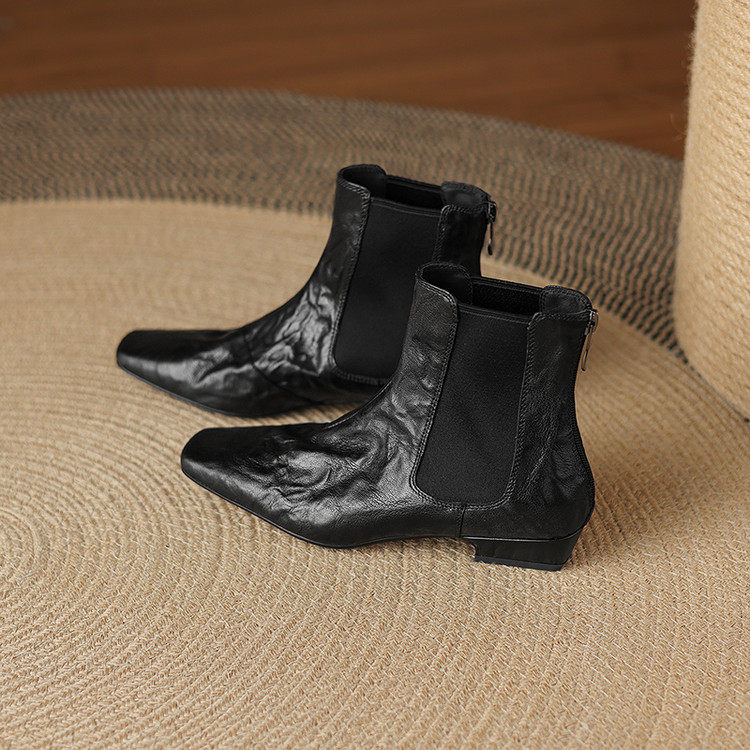 方头粗跟TPR(牛筋）冬季头层猪皮时装靴