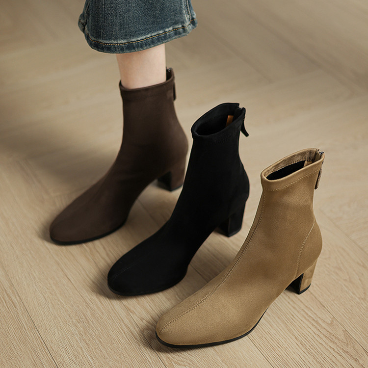 猪皮内里版显瘦方头短靴女春秋单靴百搭粗跟中跟瘦瘦弹力袜子靴
