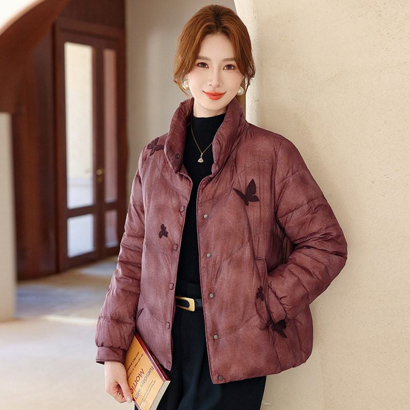 中年妈妈装羽绒服短款立领中国风外套冬季90绒白鸭绒加厚上衣跨境