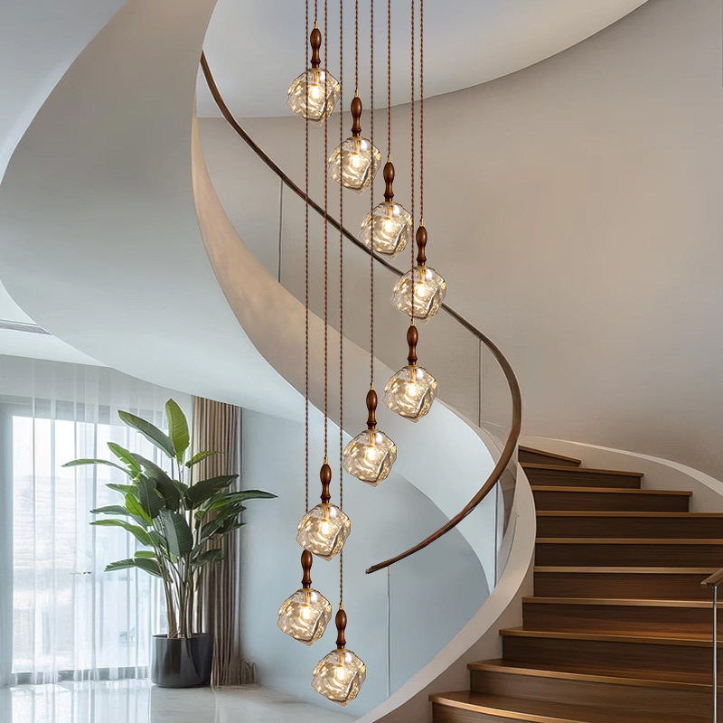 法式复古楼梯吊灯琥珀色冰块玻璃公寓别墅复式loft挑空餐厅客厅灯