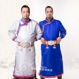 新款男士秋冬季蒙古袍长袍缎面男款民族服饰演出舞蹈日常服装包邮