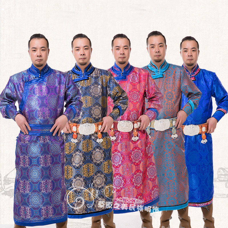 蒙古袍男长款缎面蒙古族服装少数民族服饰演出舞蹈日常婚礼服新品