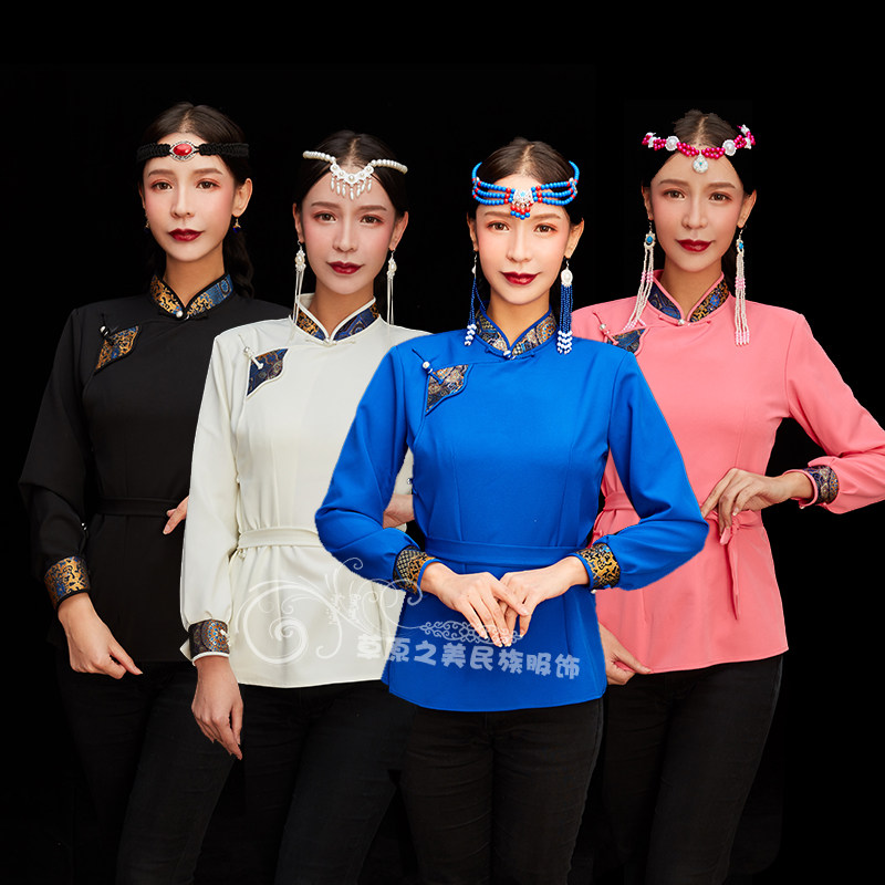 蒙古元素女上衣春夏民族风仿真丝打底衫日常短款蒙古袍生活装包邮
