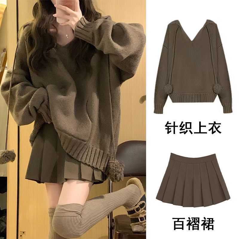 大码秋冬套装森系毛衣学院风韩系少女v领连帽针织衫百褶裙两件套