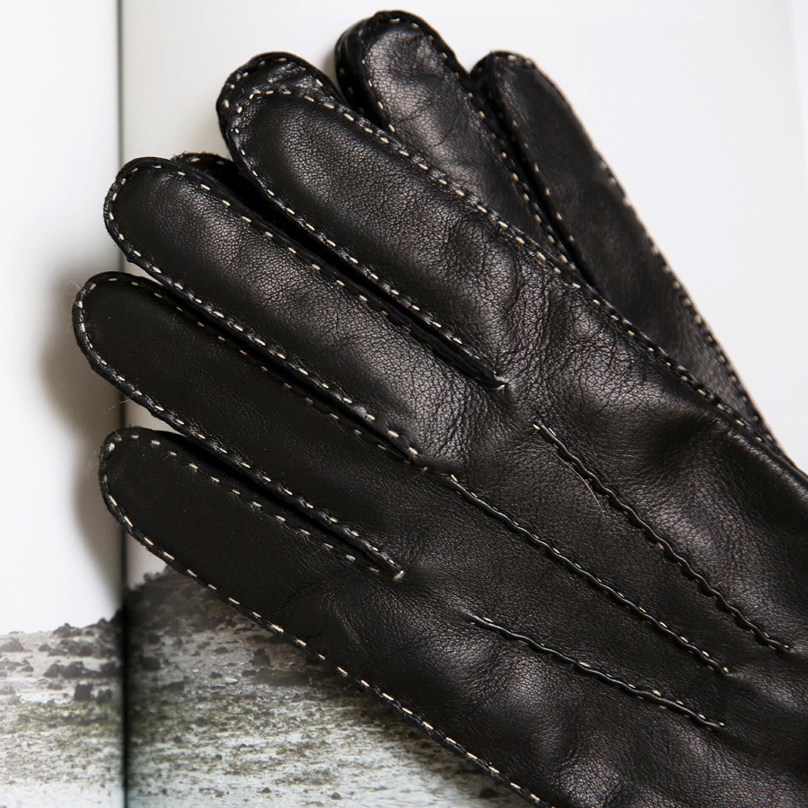 意大利进口复古黑色羊皮男款秋冬季开车手套 羊绒内里短款手套男