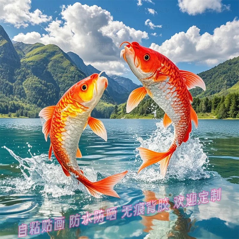 转运锦鲤红鲤鱼贴画自然风光贴纸家居墙上装饰画贴饰生财能量贴图