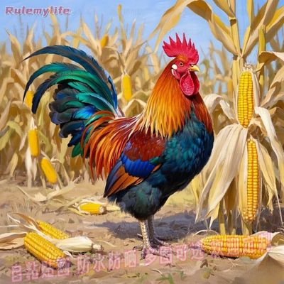 中国风玉米地里的大公鸡自粘贴画贴客厅玄关入户门墙面家居装饰画