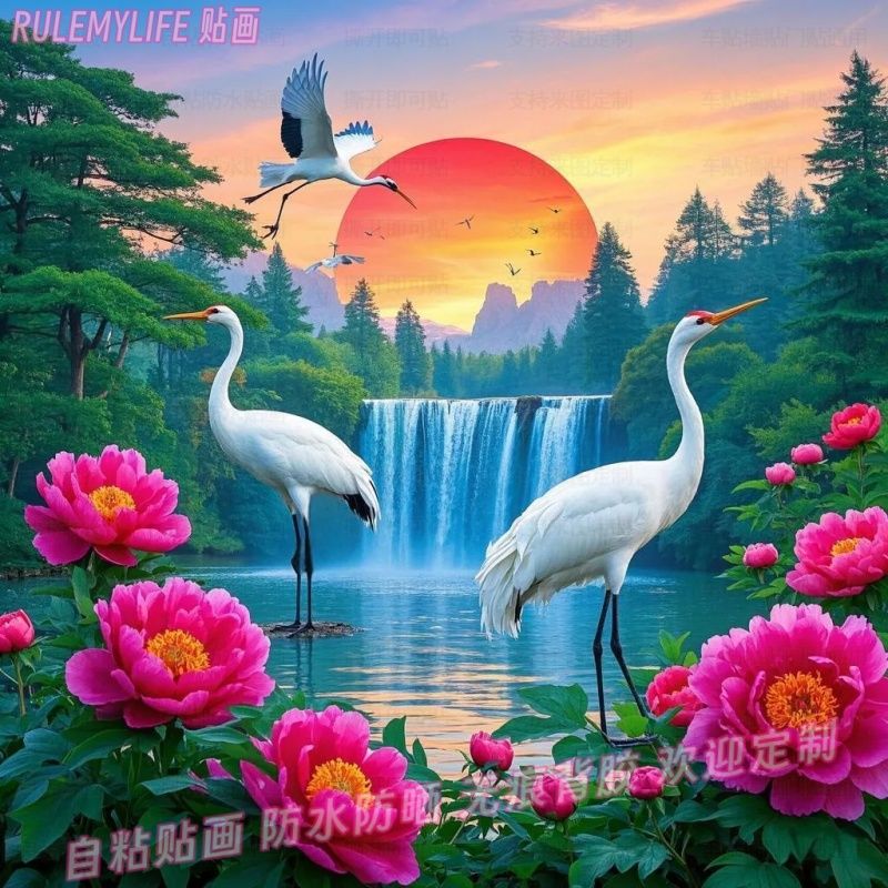 仙鹤牡丹旭日山水风景画贴纸客厅贴饰墙上正方形自粘贴画装饰海报图片