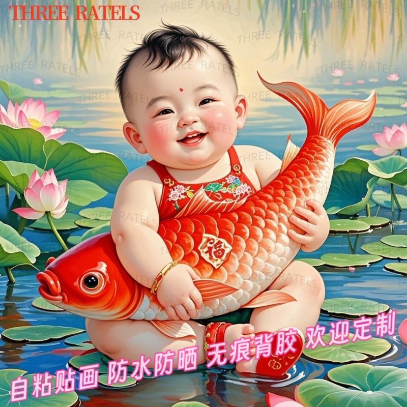 简约中式风吉祥好运锦鲤娃娃贴画自贴家居墙上粘车门遮丑贴墙