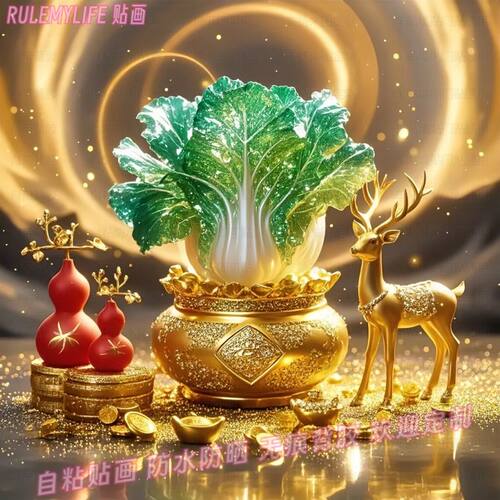 白菜招百财福鹿贴纸墙上吉祥平安自贴墙贴画餐厅背景图家用装饰画