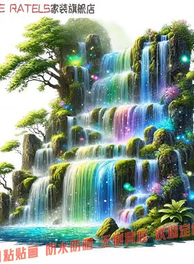 溪流瀑布山水风景画七彩贴纸自贴画墙贴瓷砖遮丑贴花3d壁画装饰画