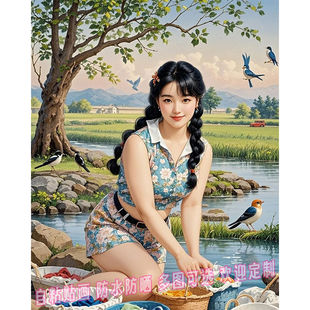 饰画家用壁画自粘贴纸怀旧时光墙贴海报 乡村田园风美女妇女贴画装