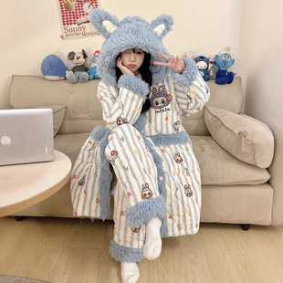 加厚冬季女童珊瑚绒睡衣中大童三层夹棉怪兽儿童宝宝亲子装家居服