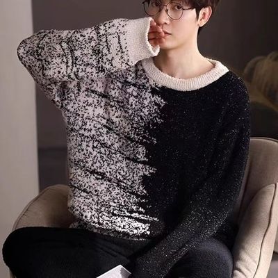 喷墨半边绒睡衣男秋冬季睡衣加厚保暖软绵绵男士青年家居服套装潮