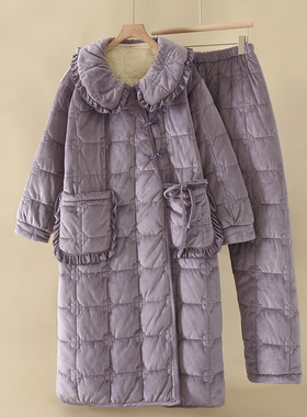 紫色加长款睡袍棉裤三层夹棉加厚睡衣女冬季可外穿睡衣家居服套装