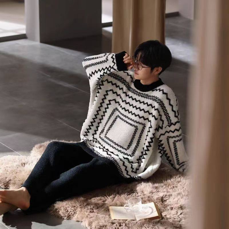 半边绒圆领电视机男套头毛衣睡衣几何针织衫家居服潮加厚保暖,女士内衣/男士内衣/家居服,睡袍/浴袍,淘宝优惠券,粉丝福利购,淘宝优惠卷