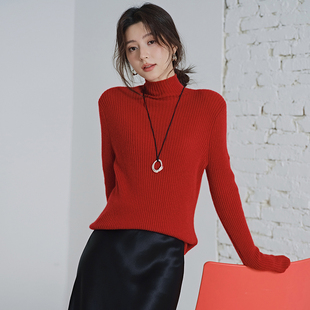 思诺芙德半高领抽条通勤红色山羊绒衫女25秋冬气质打底针织衫毛衣