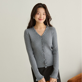 通勤木耳边毛衣 春秋新款 思诺芙德羊毛开衫 女V领荷叶边外套针织衫