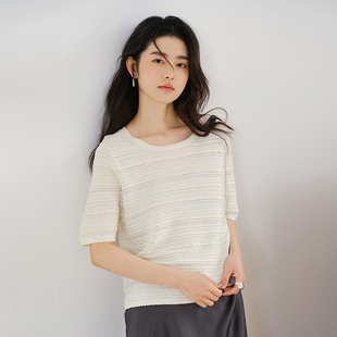 思诺芙德真丝T恤女25春夏新款 气质针织背心 圆领镂空短袖 宽松薄款