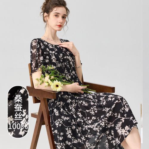 [100%桑蚕丝]26春夏款雪梅印花亲肤透气收腰显瘦真丝连衣裙女