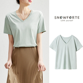 V领纯色真丝T恤女短袖 思诺芙德2025夏季 新款 宽松显瘦棉感上衣