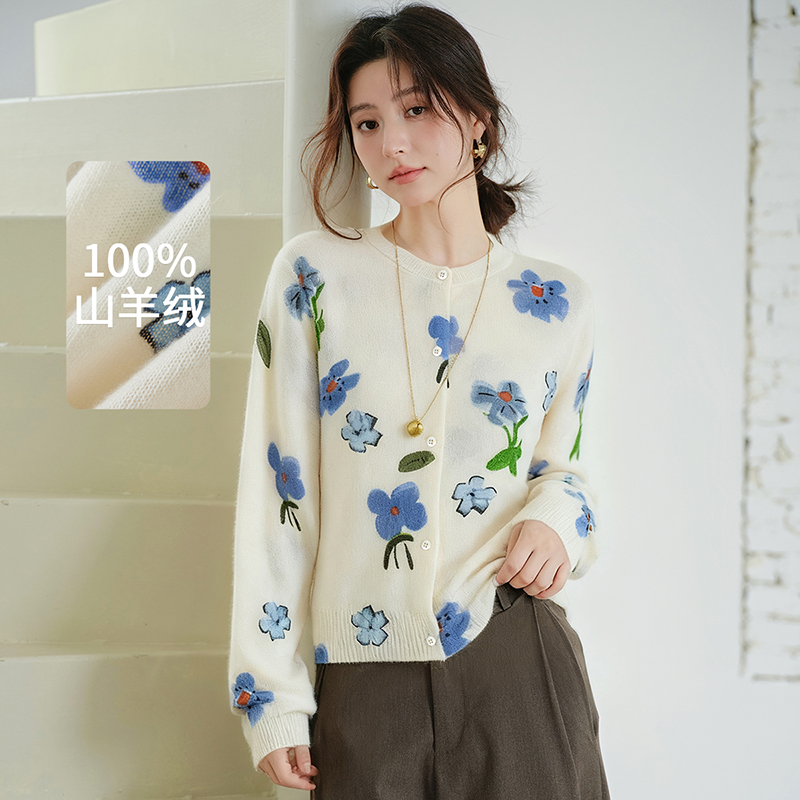 思诺芙德圆领印花100%山羊绒开衫