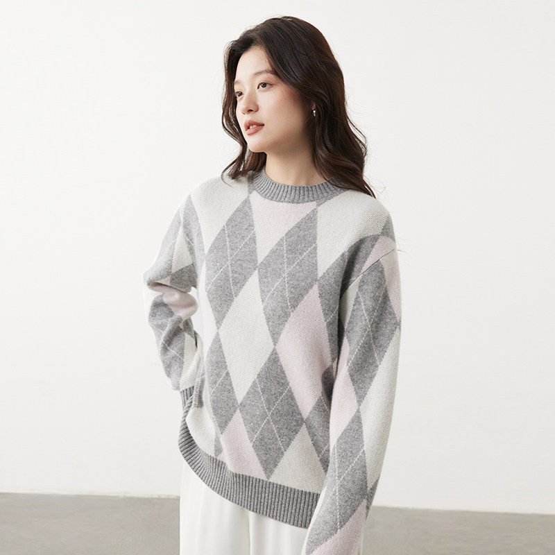 【100%山羊绒】秋冬圆领格纹宽松百搭针织上衣通勤女士羊绒衫,女装/女士精品,羊绒衫,淘宝优惠券,粉丝福利购,淘宝优惠卷